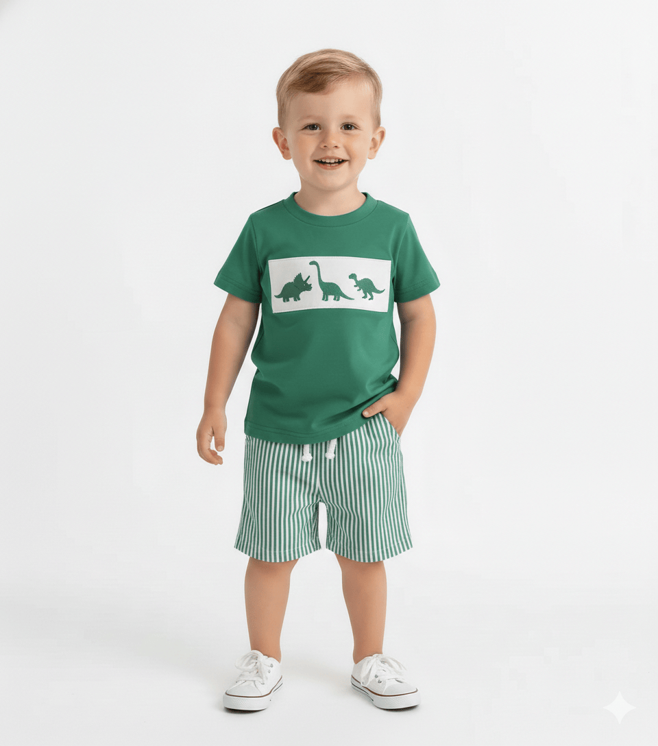 Embroidered T-Shirt & Striped Shorts Set