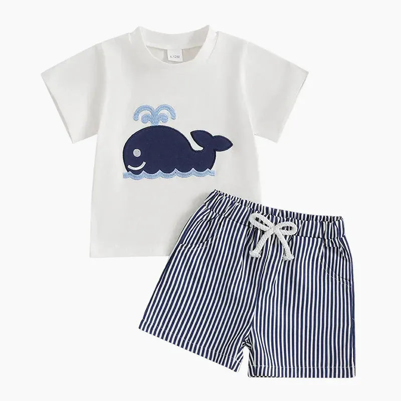 White Dino Tee + Stripe Shorts / 6M Embroidered T-Shirt & Striped Shorts Set