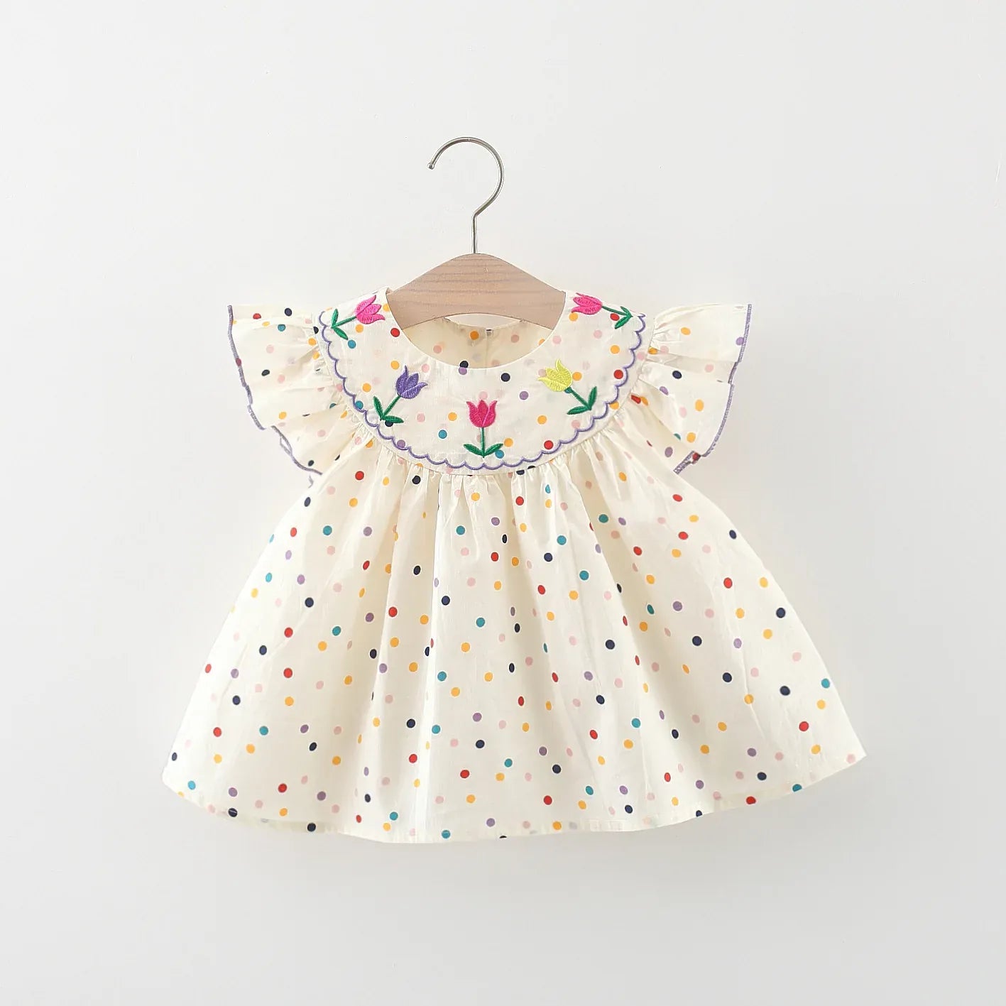 Beige / 9-12M Embroidered Tulle & Polka Dot Dress