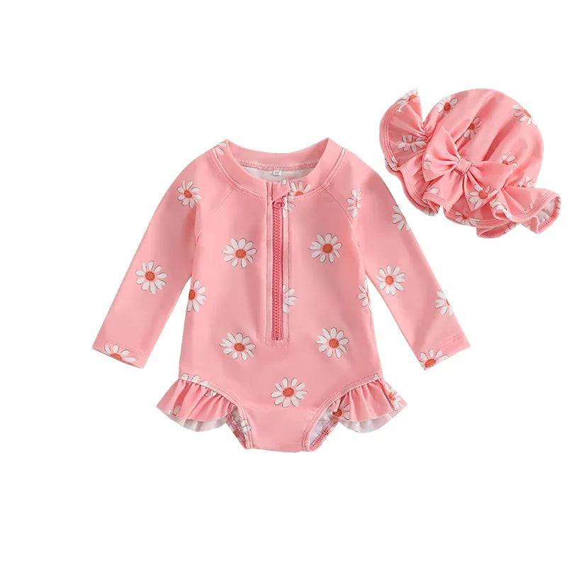 Blush Pink / 6-9M Floral Long Sleeve Rash Guard & Hat Set
