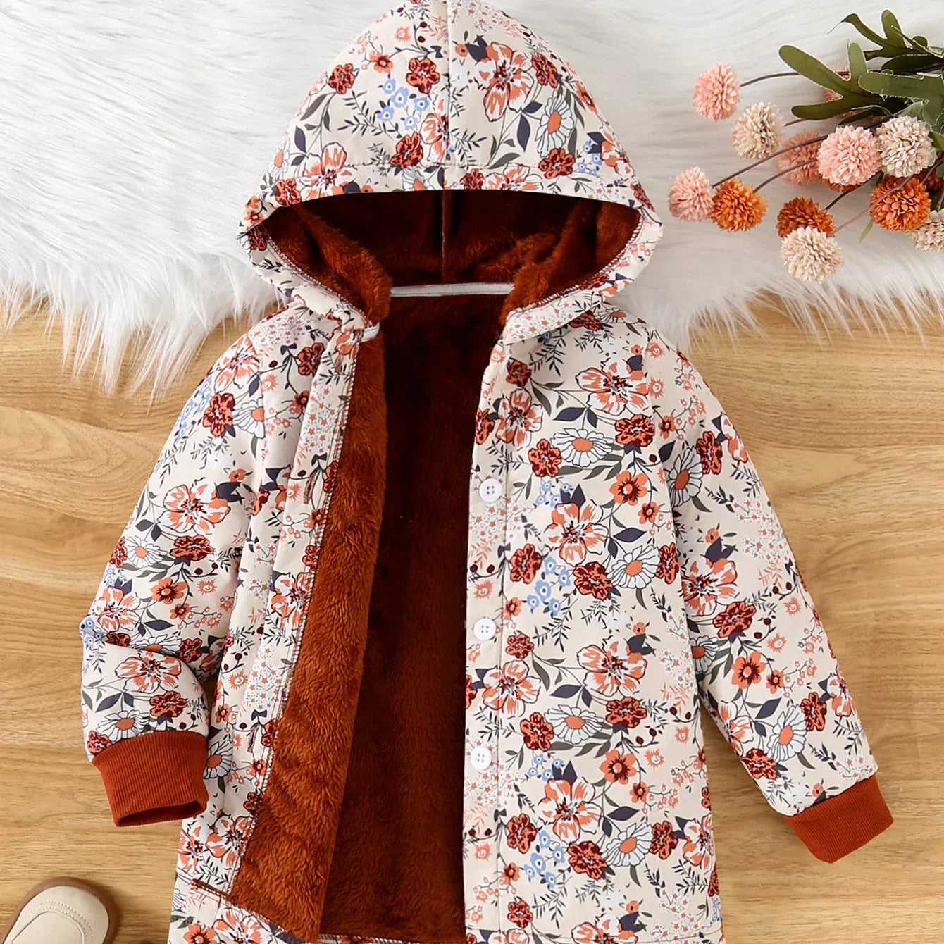 Floral Print Fleece-Lined Hooded Jacket