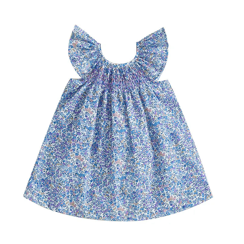 Blue / 6-12M Floral Print Ruffle Sleeve Summer Dress