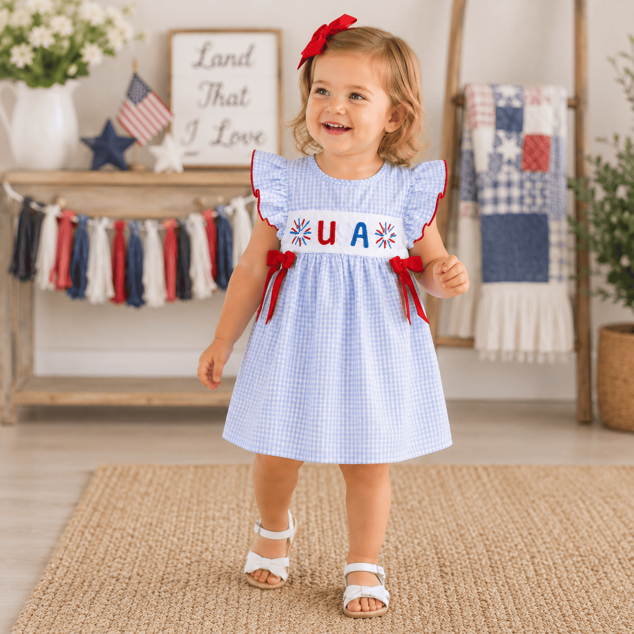 Girl 4th of July USA Firework Embroidery Flying Sleeve Dress