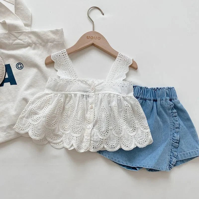 set / 12M Girl Lace Crop Top & Denim Shorts Set