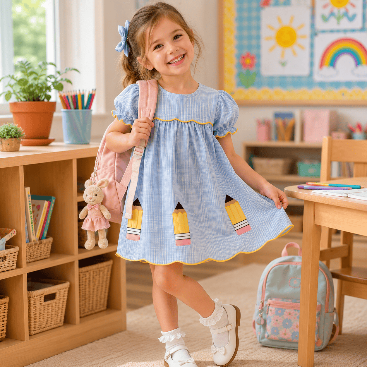 Girls Blue Plaid Pencil Appliqué Puff Sleeve A-Line Back-to-School Dress
