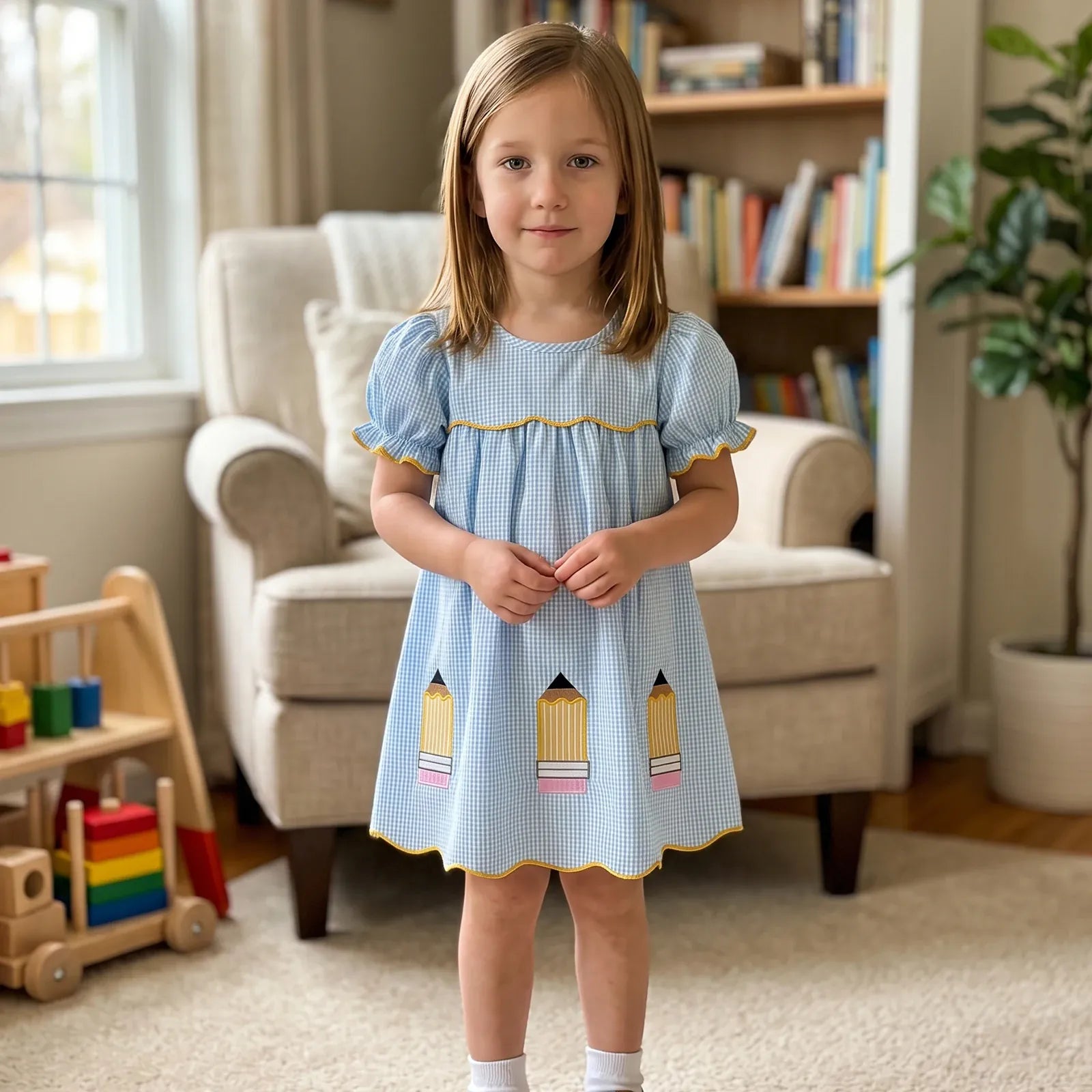 Girls Blue Plaid Pencil Appliqué Puff Sleeve A-Line Back-to-School Dress