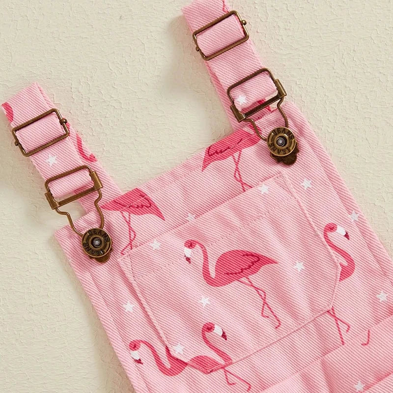 Girls Flamingo Print Denim Overalls