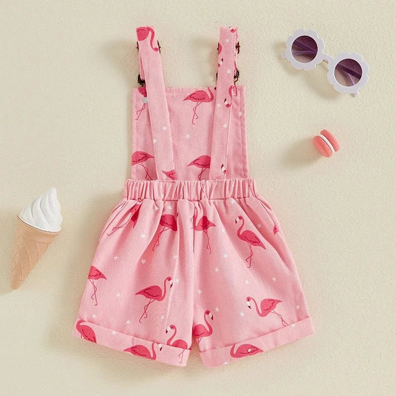 Girls Flamingo Print Denim Overalls
