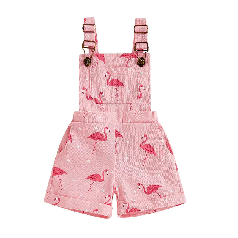 Girls Flamingo Print Denim Overalls