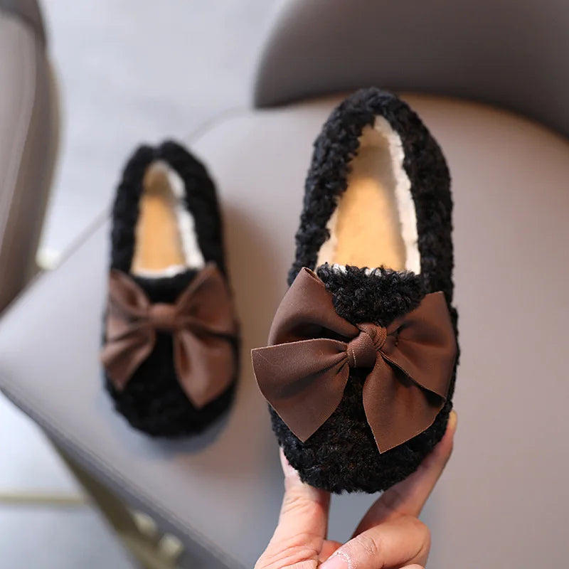 Black / 21 Girls' Fluffy Winter Flats with Bow