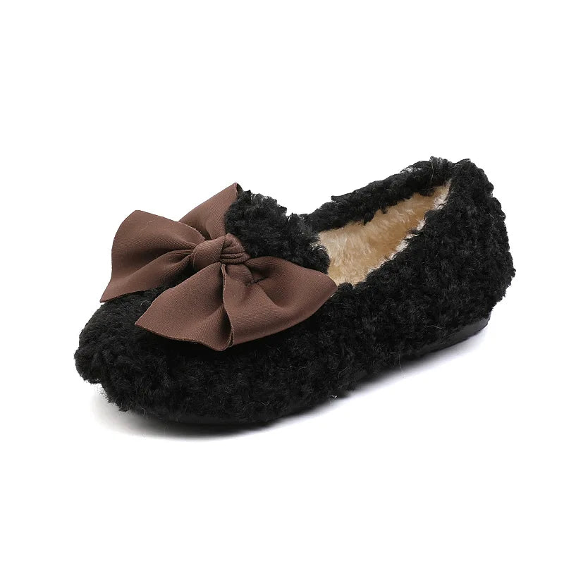 Girls' Fluffy Winter Flats with Bow