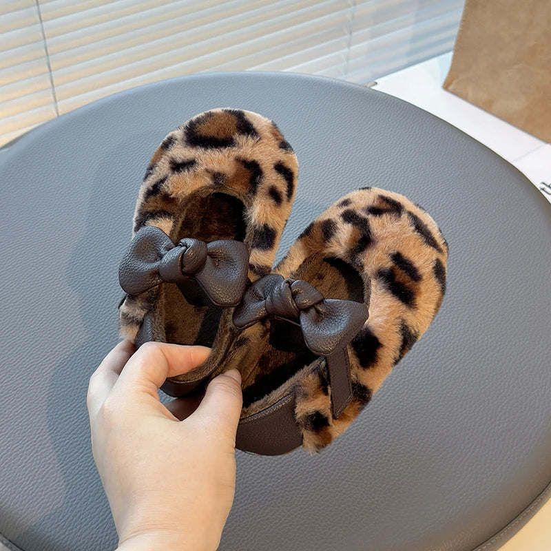 Leopard / 23 Girls' Fluffy Winter Flats with Leather Bow