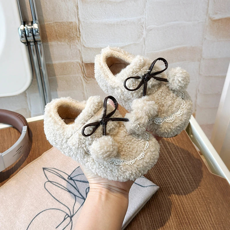 Beige / 22 Girls' Fluffy Winter Flats with Pompoms