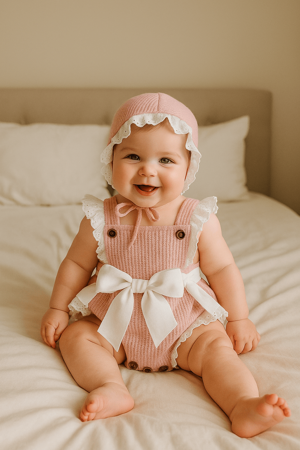 Girls Knitted Romper Set with Bonnet