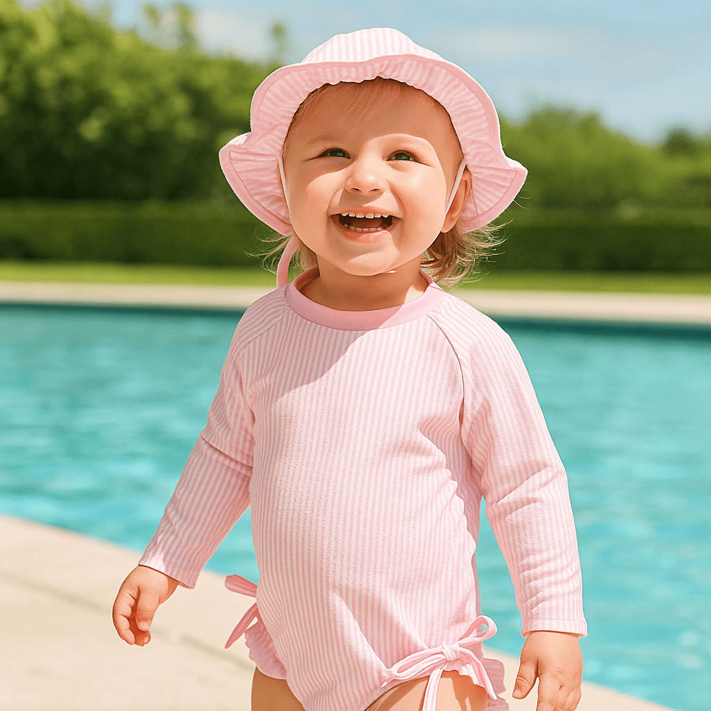 Girls Long Sleeve Striped Swimsuit with Hat