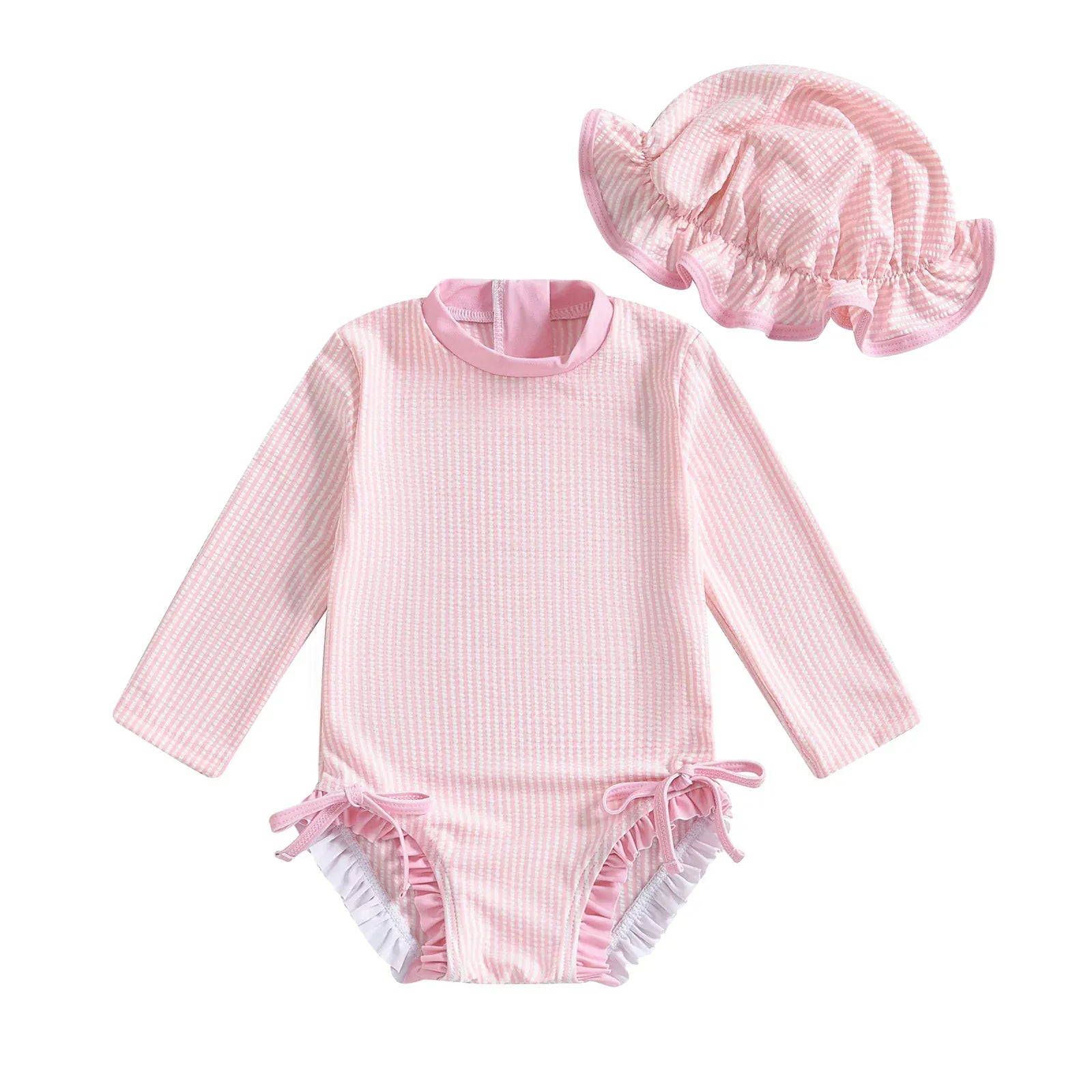 Pink / 0-3M Girls Long Sleeve Striped Swimsuit with Hat