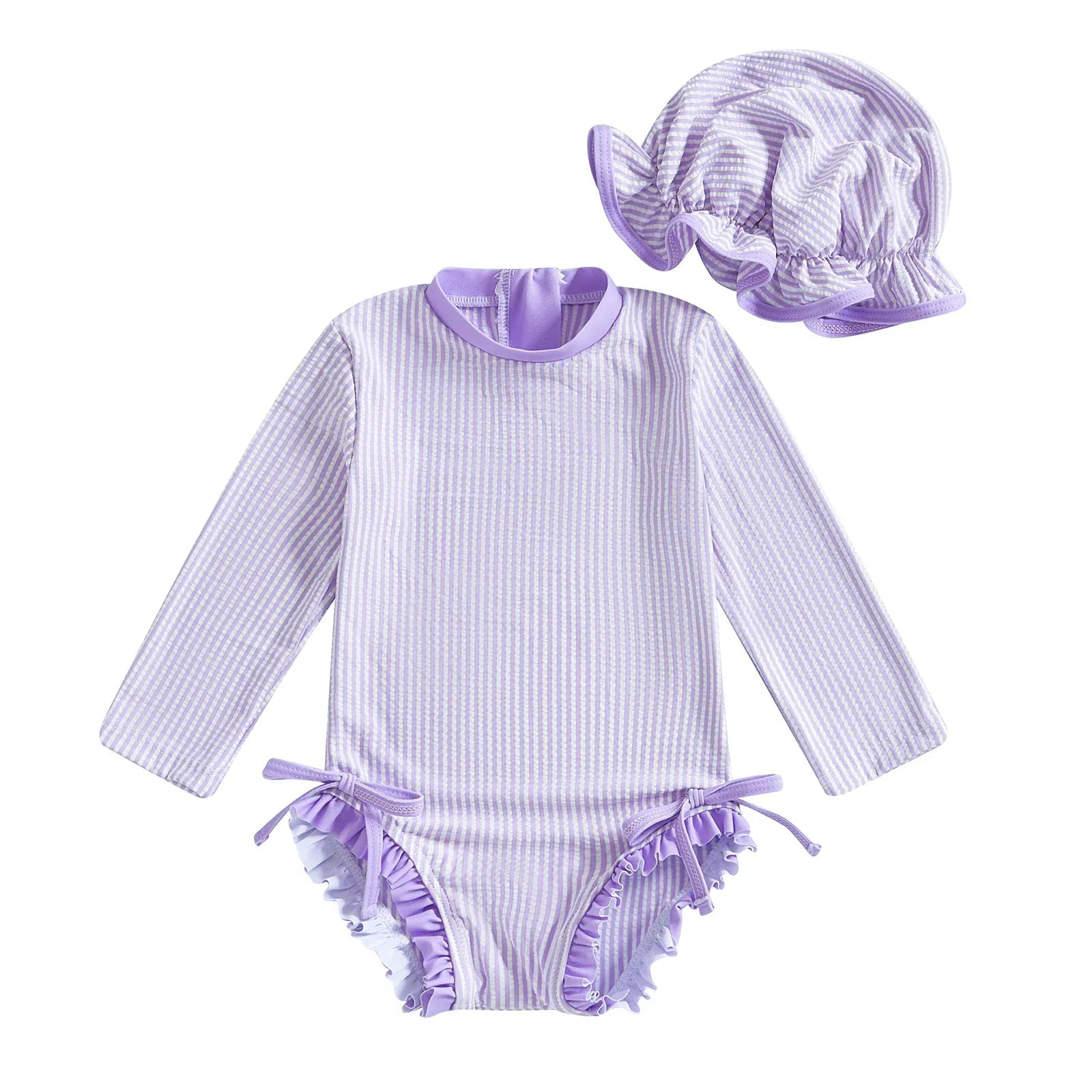 Purple / 0-3M Girls Long Sleeve Striped Swimsuit with Hat