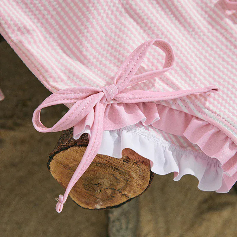 Girls Long Sleeve Striped Swimsuit with Hat