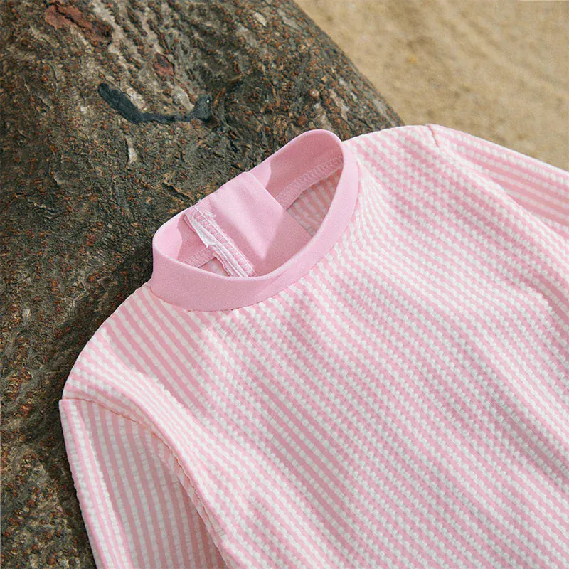 Girls Long Sleeve Striped Swimsuit with Hat