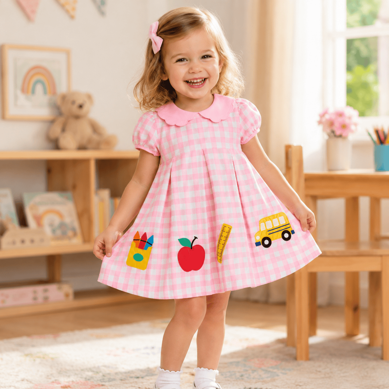 Girls Pink Plaid School Appliqué Puff Sleeve A-Line Dress