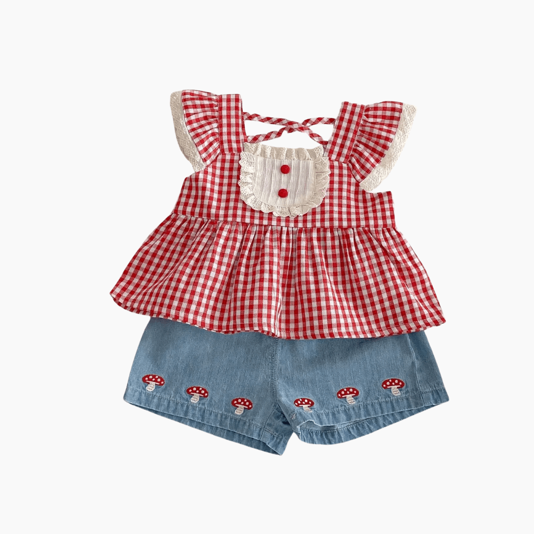 Girls Red Gingham Top and Denim Shorts Set