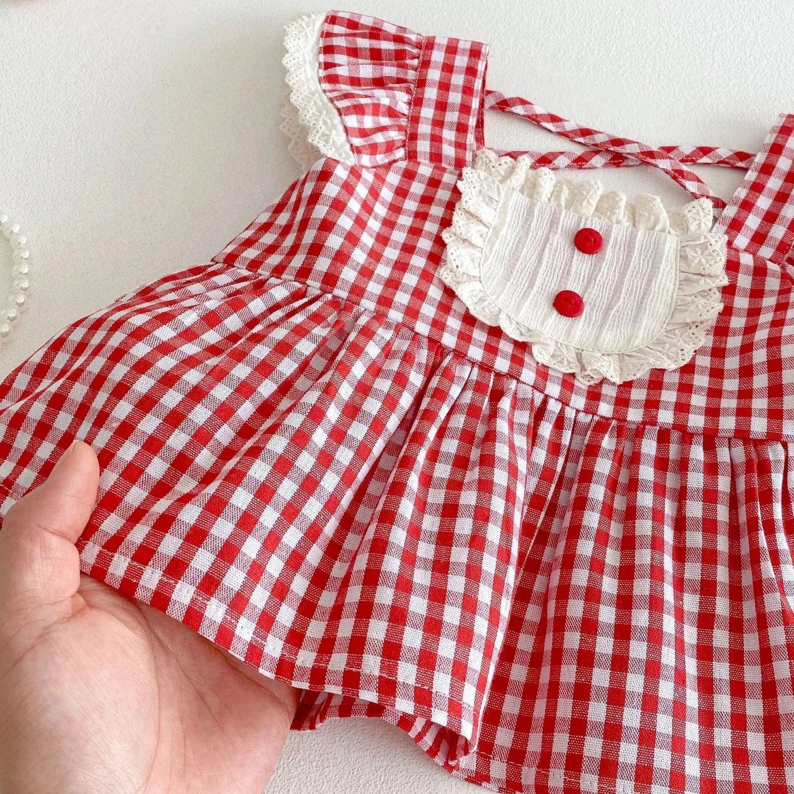 Girls Red Gingham Top and Denim Shorts Set