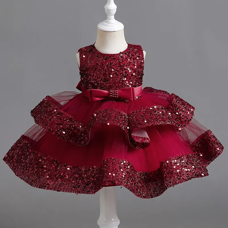 WineRed / 12M Girls' Sleeveless Sequin & Mesh Party Dress