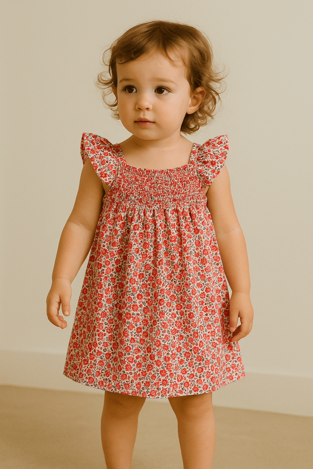 Girls' Summer Smocked Floral Dress with Ruffle Sleeves