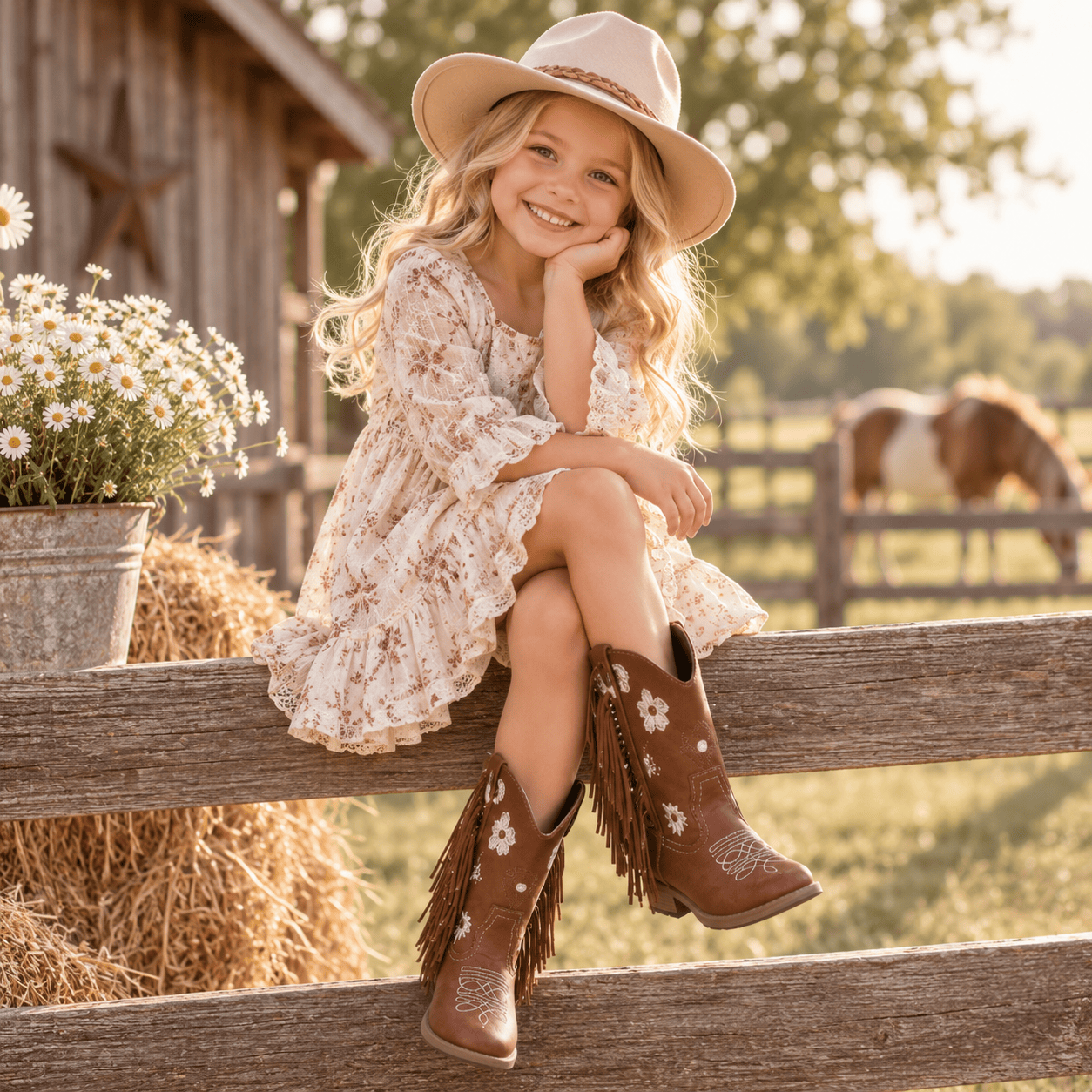 Girls Tassel Embroidered Riding Boots Chunky Heel Brown