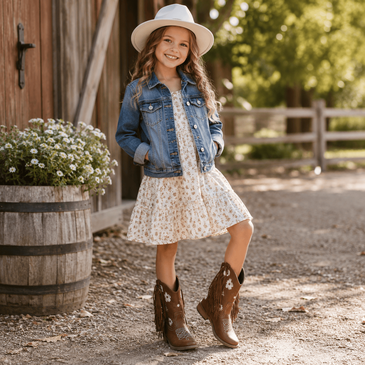 Girls Tassel Embroidered Riding Boots Chunky Heel Brown