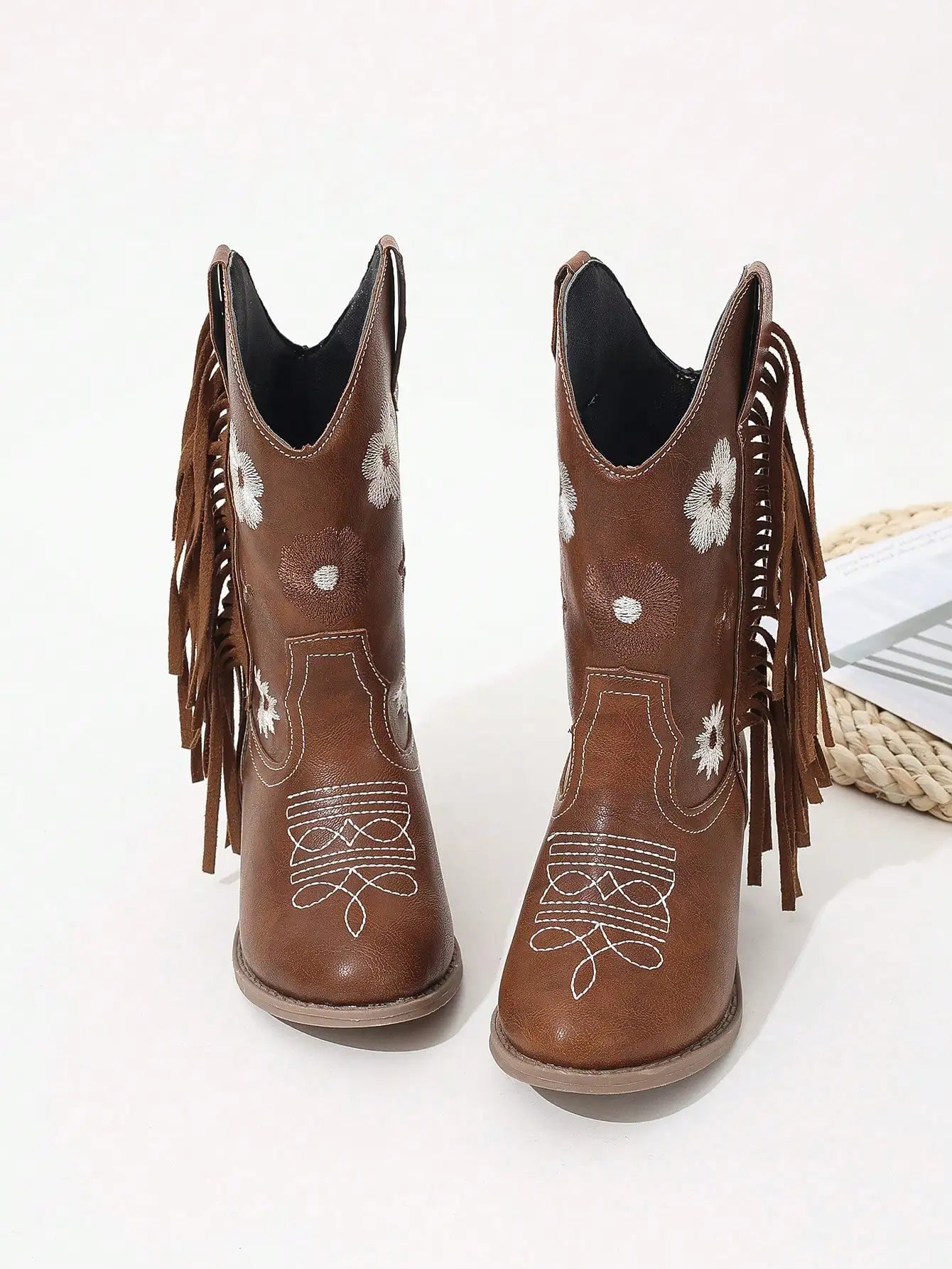 Girls Tassel Embroidered Riding Boots Chunky Heel Brown