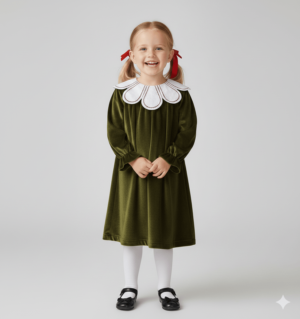 Girls' Velvet Party Dress with Statement Collar