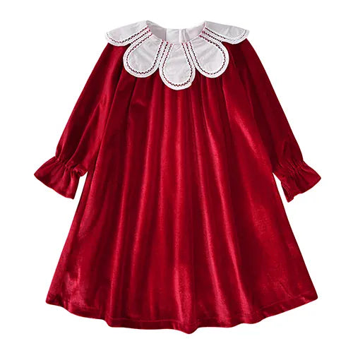 Red / 12-24M Girls' Velvet Party Dress with Statement Collar