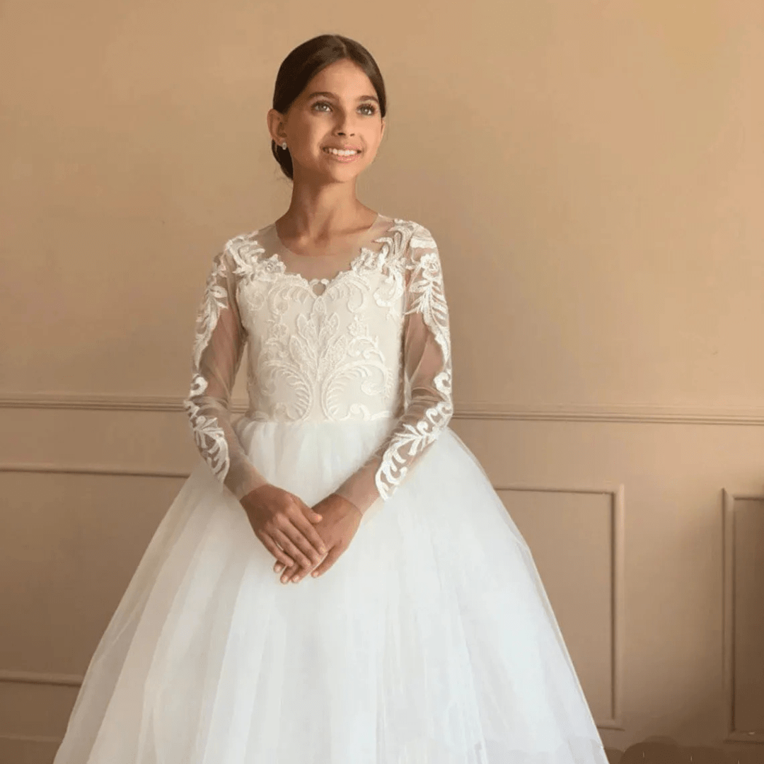 Girls White Lace Communion Dress