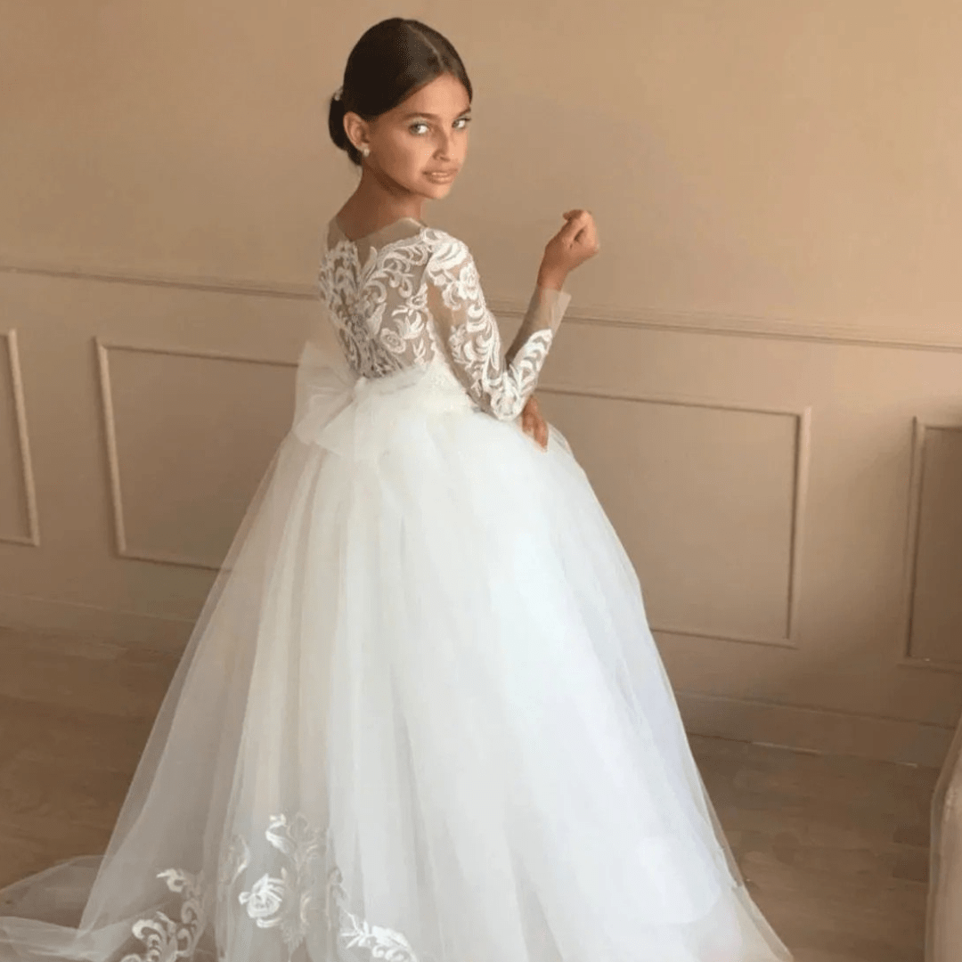 Girls White Lace Communion Dress