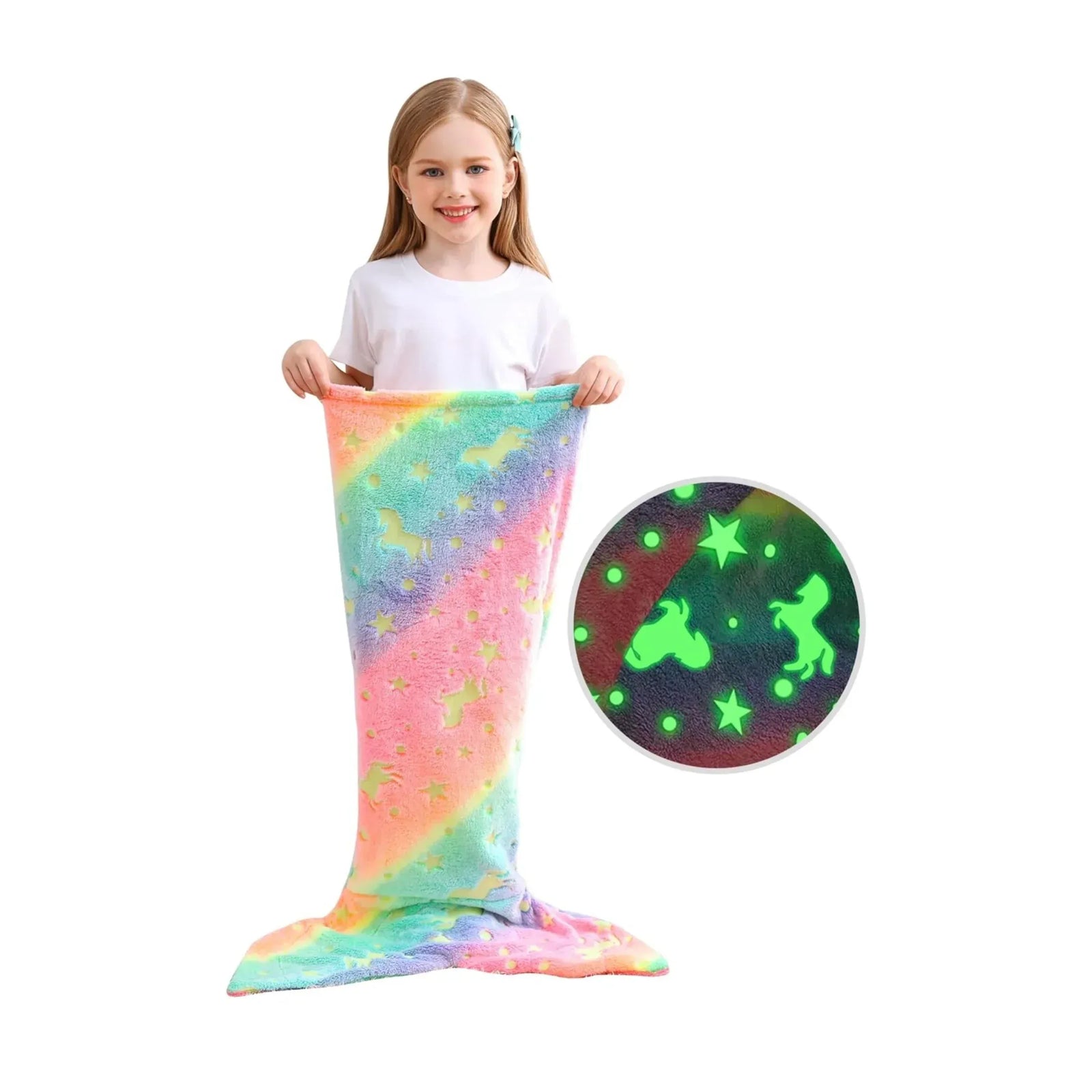 Rainbow Unicorn Glow in the Dark Mermaid Tail Blanket for Girls