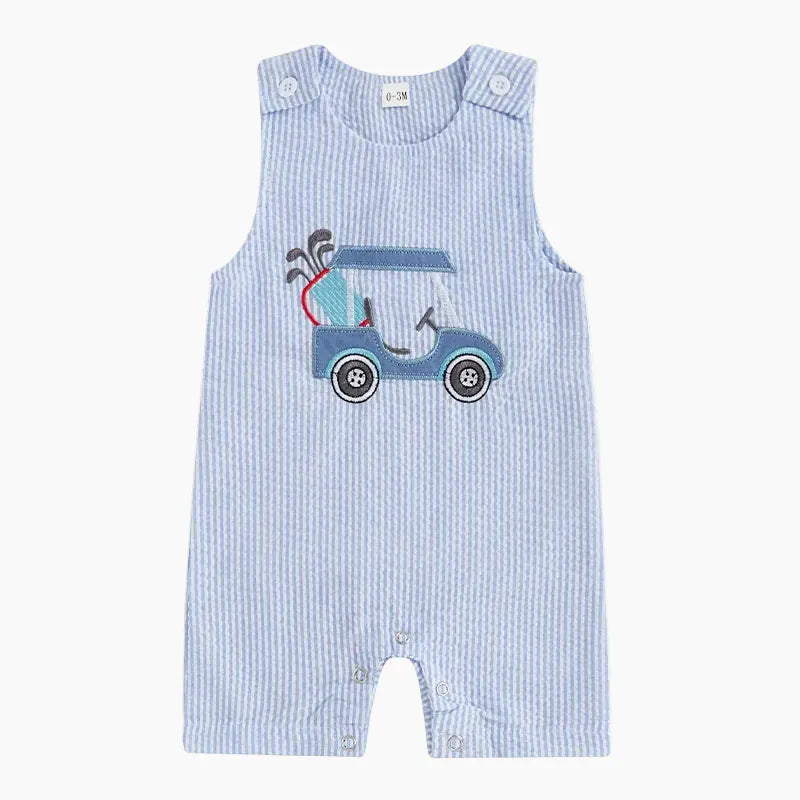 Blue / 3M Golf Cart Appliqué Striped Romper