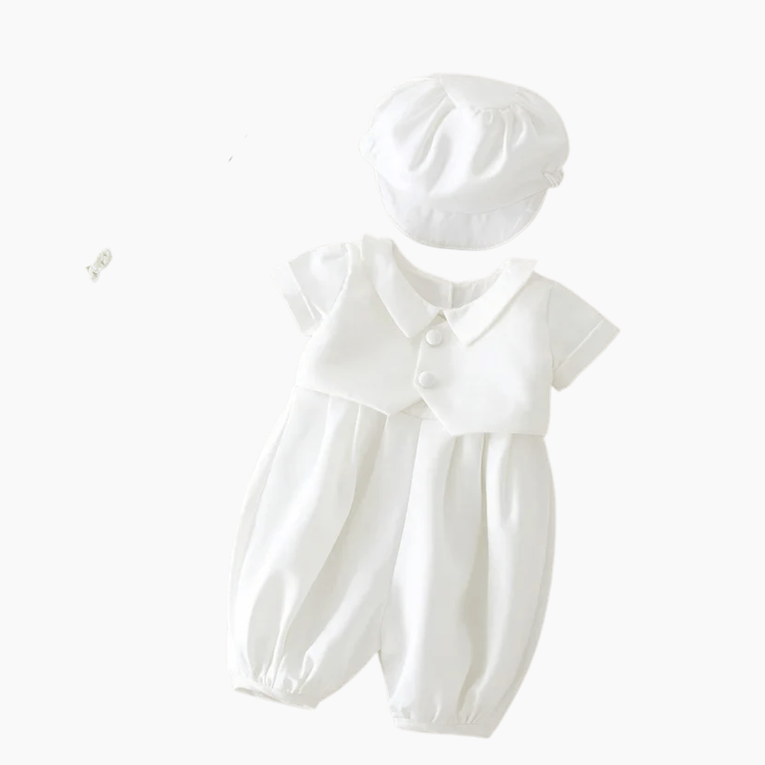 Ivory Baby Baptism Jumpsuit with Hat