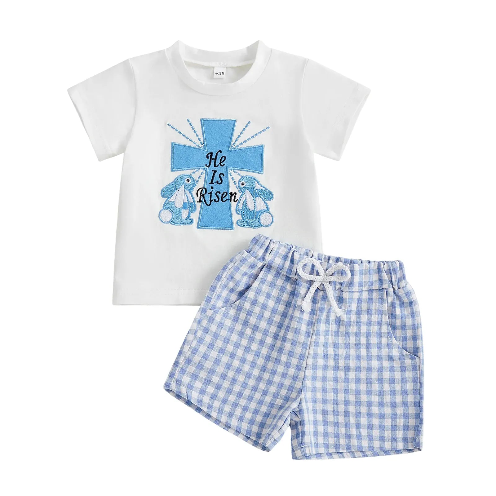 Blue Plaid Summer Set / 0-6M Kids' Easter Bunny Print T-Shirt & Plaid Shorts Set