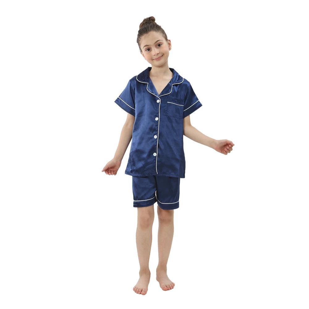 Navy Short Sleeve Satin Pajamas / 3-4T Kids' Silky Satin Pajamas