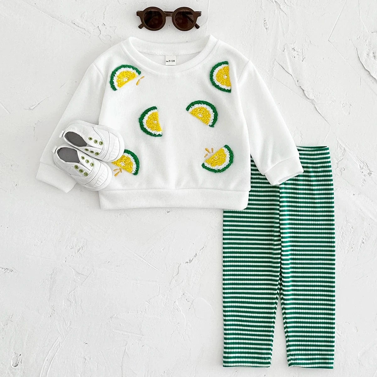Boy's Clothing Lemon Embroidered Sweatshirt and Striped Pants Set