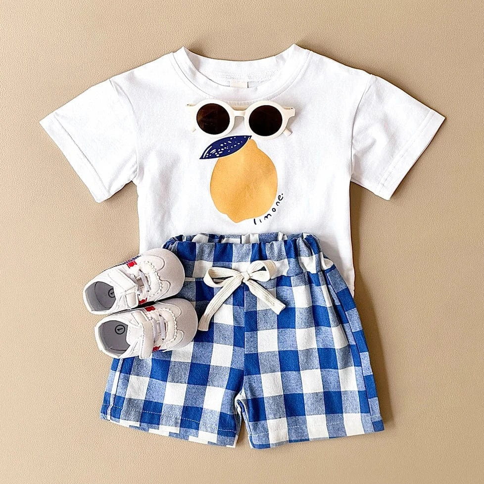 Lemon Print T-Shirt and Checkered Shorts Set