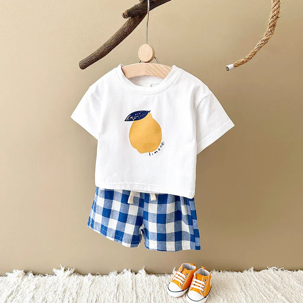 Lemon Print T-Shirt and Checkered Shorts Set