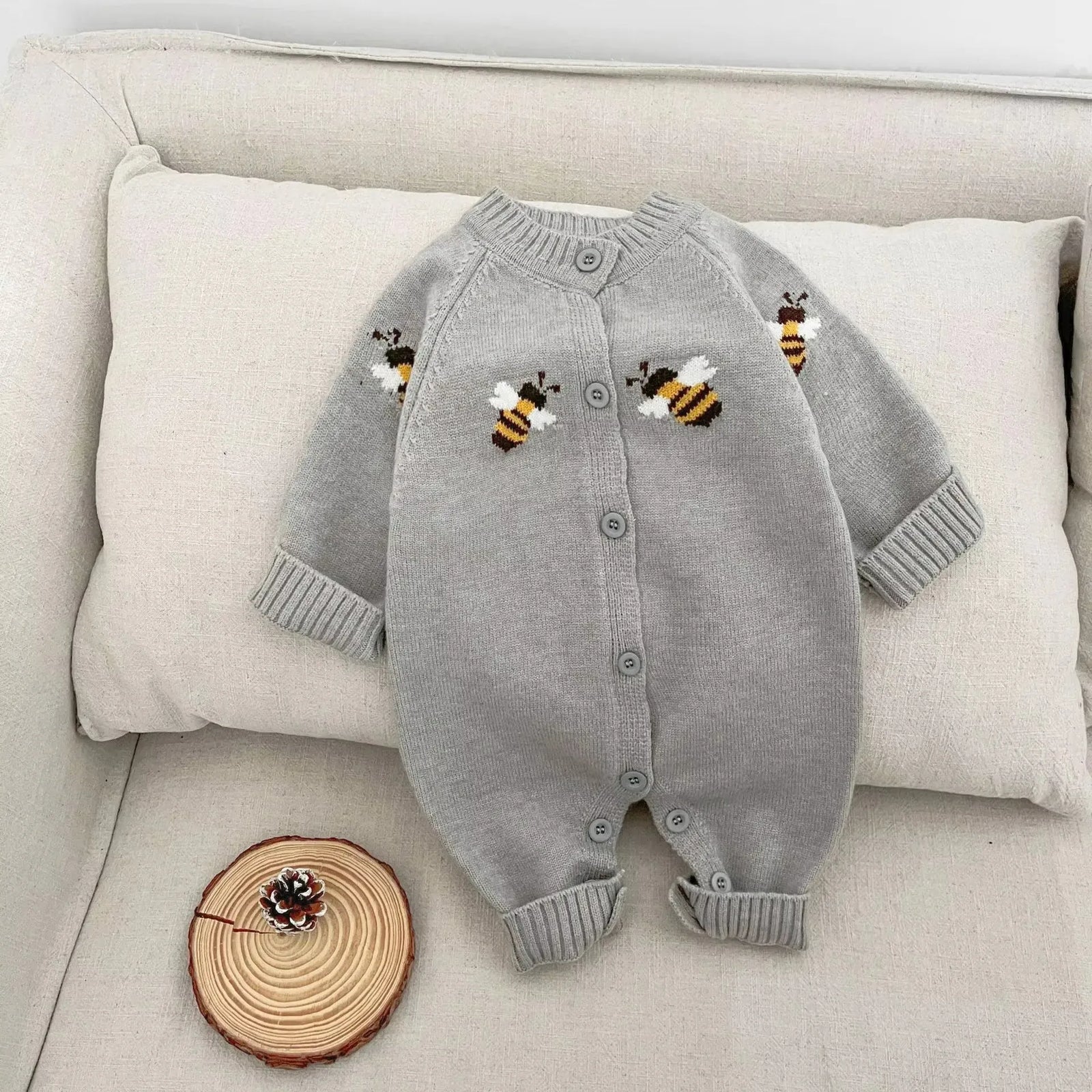 Gray / 0-6M Little Bee & Tiger Knitted Baby Romper