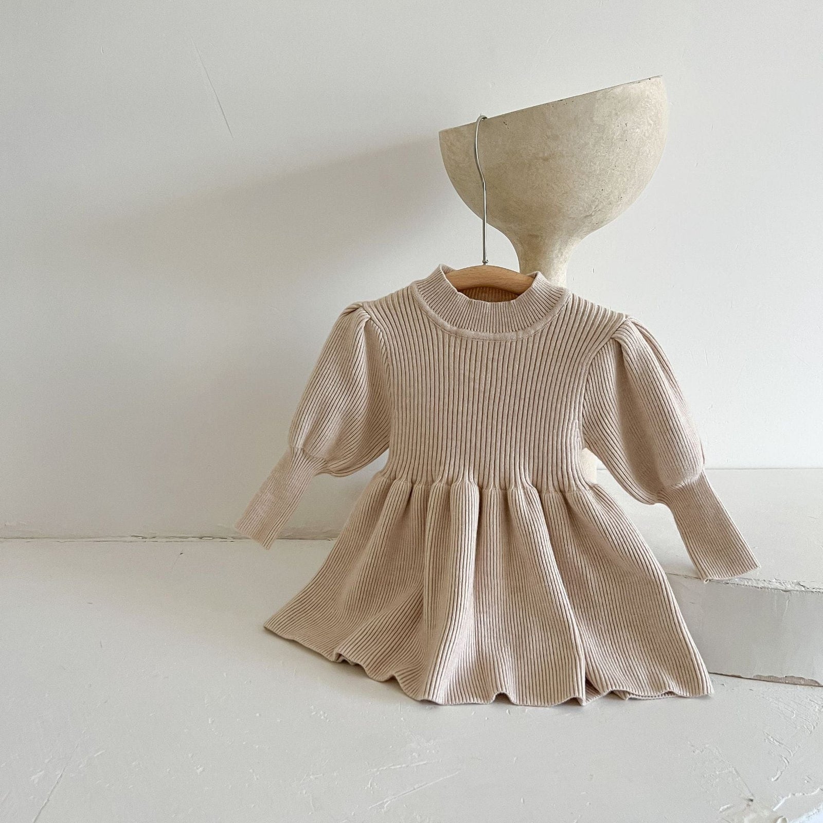 beige / 6-12M Long Sleeve Princess Girls Sweater Dress
