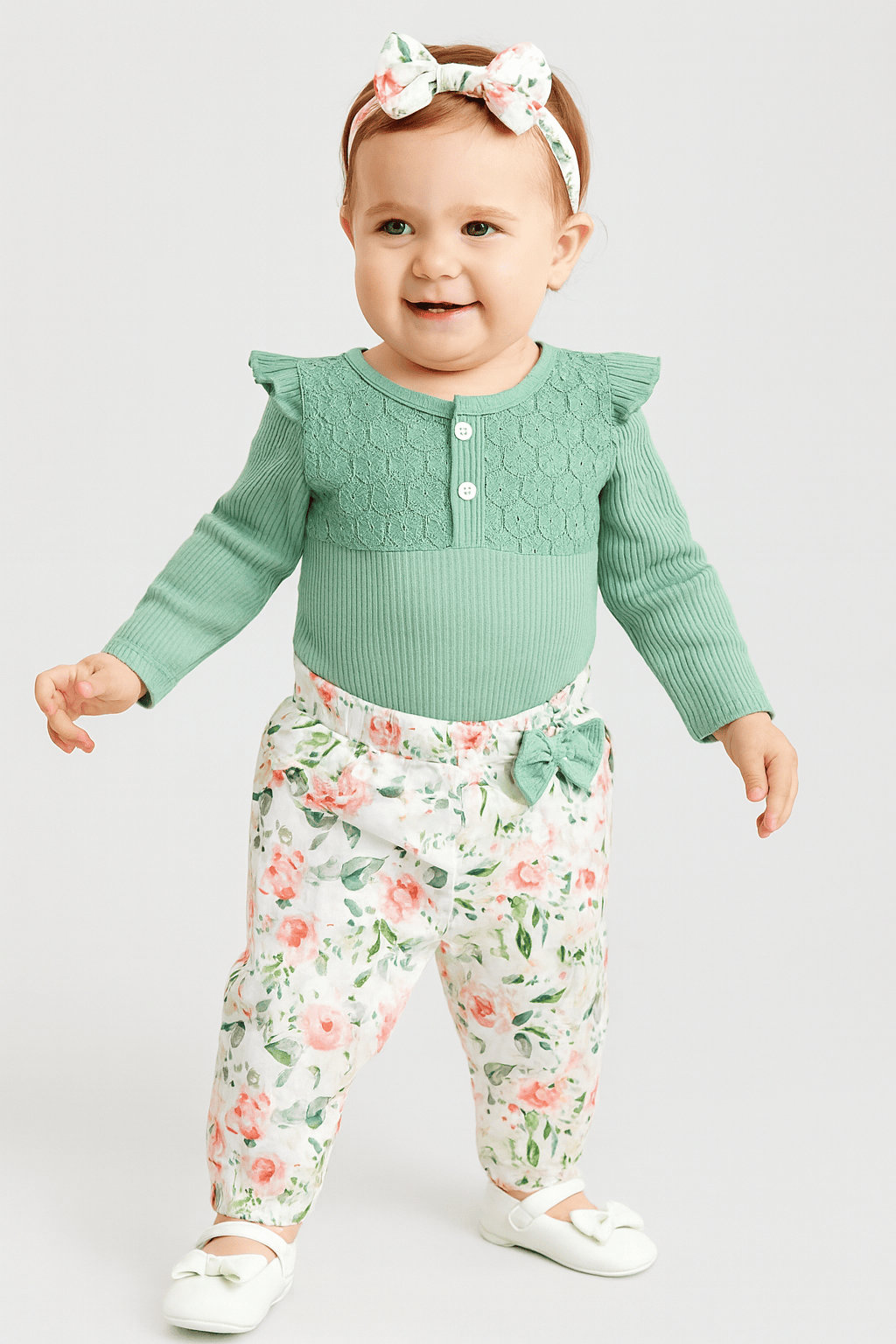 Long Sleeve Romper, Floral Pants and Headband Set