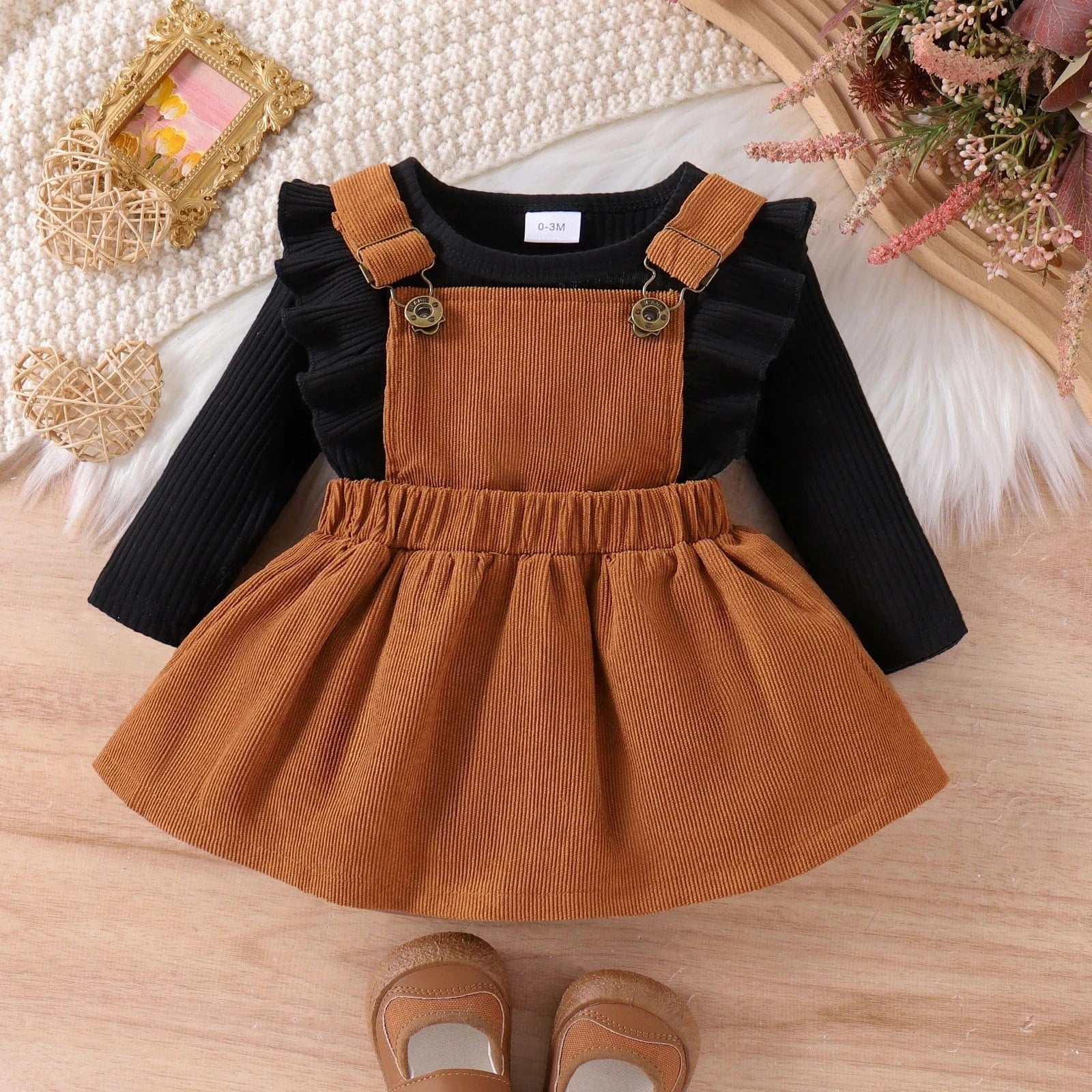 black / 0-3M Long-Sleeved Suit + Coffee Strap Skirt