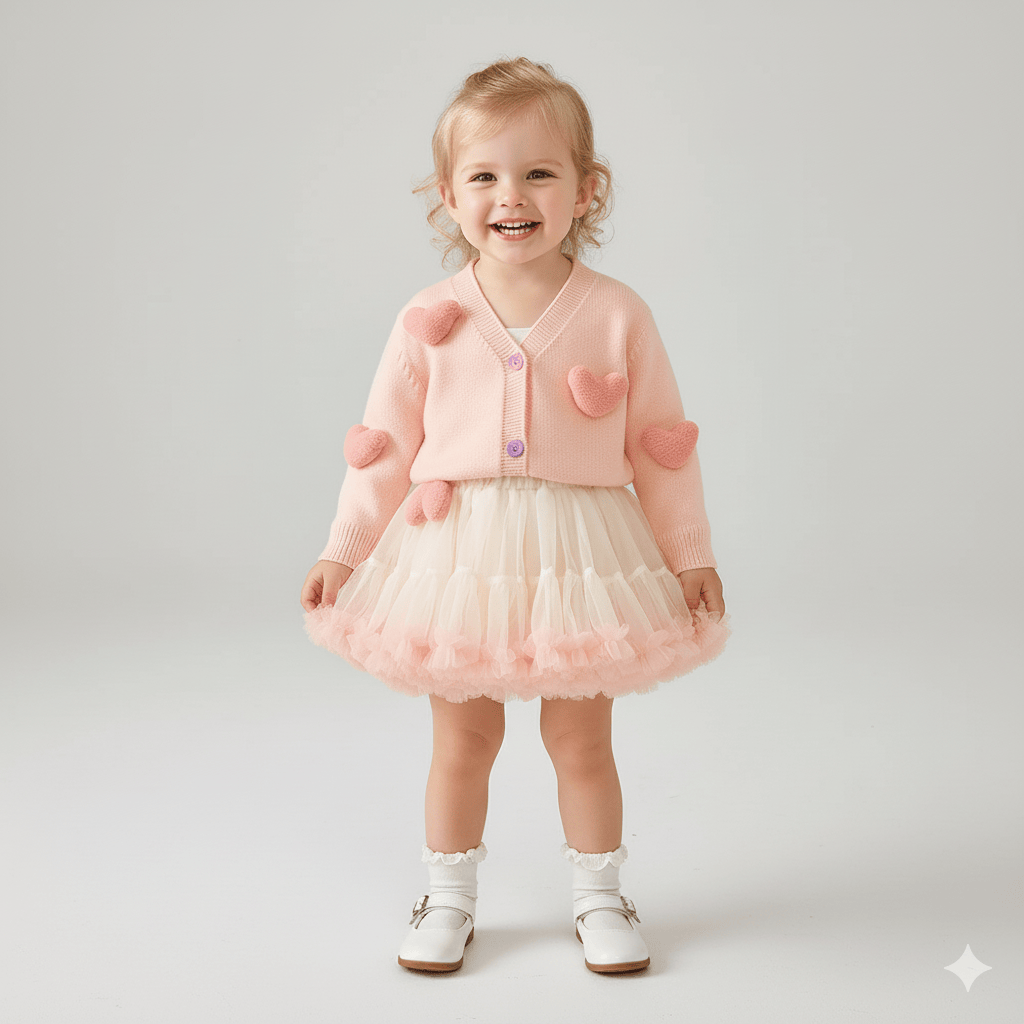 Girl's Clothing Pink Heart Cardigan and Tulle Skirt Set