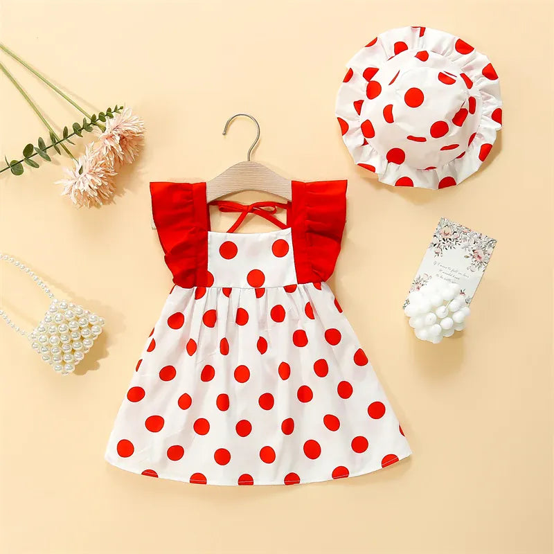 Red / 9-12M Polka Dot Dash Sleeve Dress & Hat Set for Baby Girls