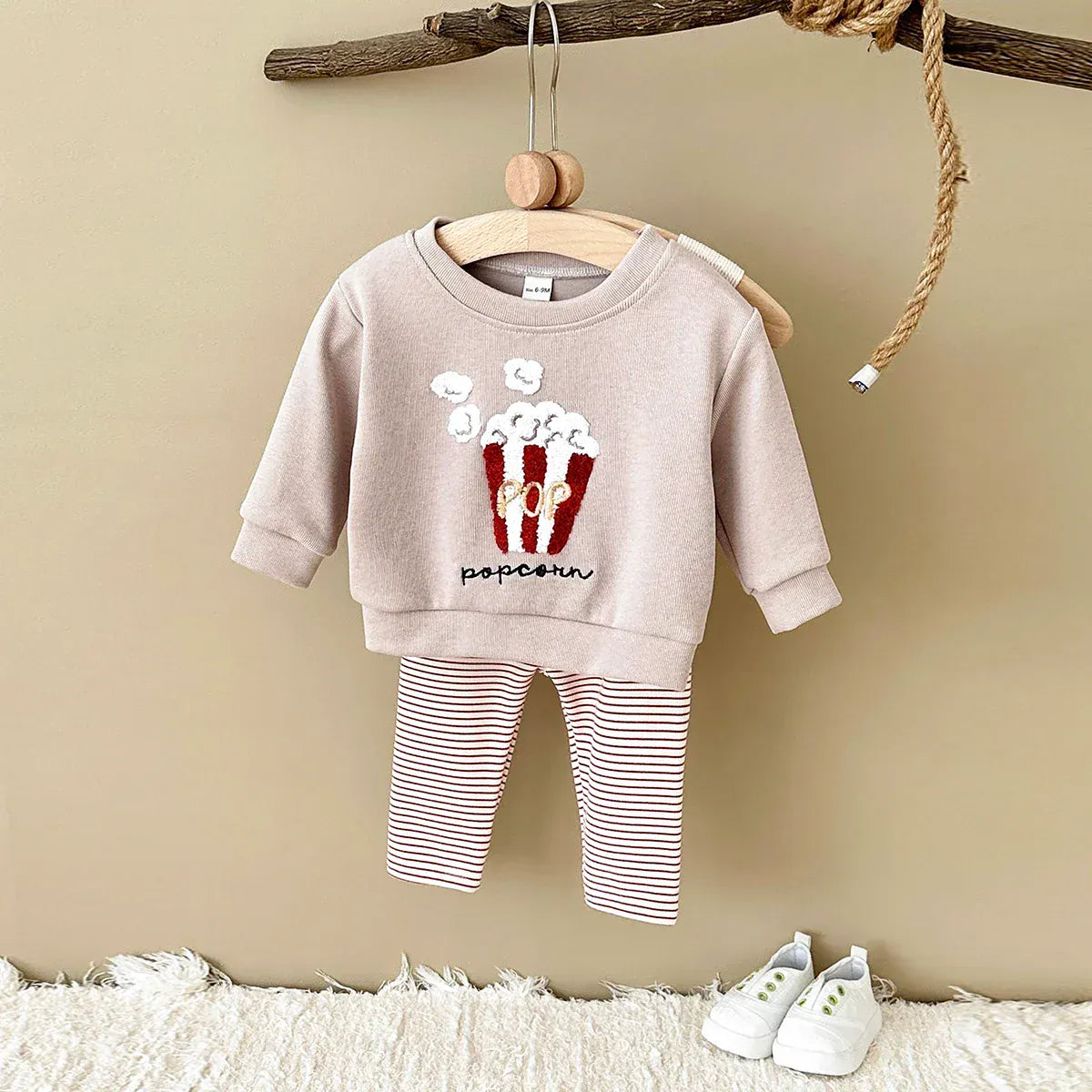 Popcorn Sweatshirt and Striped Pants Set
